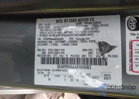 2010 Ford Fusion Se из США, поврежденный, VIN 3FAHP0HA6AR404083